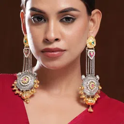 Rubans Oxidised Silver & Gold-Plated Dangle Earrings with Ruby,Emerald & Gold Bead Accents-image-24