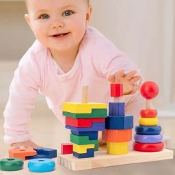 Wooden Toy Tower Stacking Rainbow Puzzle Rings S-9