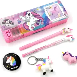 Unicorn Theme Built-in Calculator Vibrant Pink Color With Attractive Badge Keychain Pen Pencil Compact and Portable Best Combo Set Return Gift For Kids Art Plastic Pencil Box-17