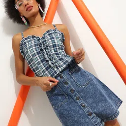 Veni Vidi Vici White & Blue Checked Frilled Shoulder Straps Top-image-37