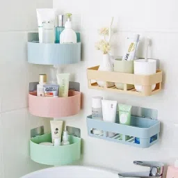 Plastic Multipurpose Kitchen Bathroom Wall Holder Storage Rack and Bathroom Kitchen Corner Shelf Organiser (2PC Bathroom SHELVE & 3PC Triangle Corner SHELVE) (Random Colour) Plastic Wall Shelf-41