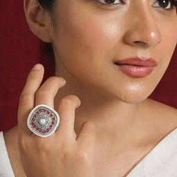 TEEJH Bhavashankari Silver-Plated Stone-Studded Adjustable Oxidised Finger Ring image 5