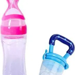 Infant Squeezy Food Grade Silicone Bottle Feeder & Silicone Food Fruit Pacifier/Nibbler/Soother for Babies/Kids/Children (Squeezy Feeder 'Pink' + Pacifier 'Blue') (Pack of 2) - Silicone (Pink & Blue)-3