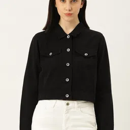 Flying Machine Women Black Solid Crop Pure Cotton Denim Trucker-56