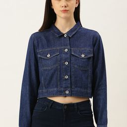 Flying Machine Women Blue Washed Crop Pure Cotton Denim Trucker-image-37