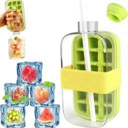 2 in 1 Zero Touch Press Ice Cube Mold Water Bottle with Lid and Bin (Large) Multicolor Plastic, Silicone Ice Cube Tray-9