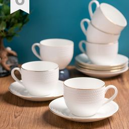 CLAY CRAFT Rope White Textured Ceramic Glossy Easy to Clean Cups And Saucers 240ml Each-50