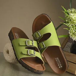 HERE&NOW Women Faux Leather Open Toe Slip On Flats with Buckles-29
