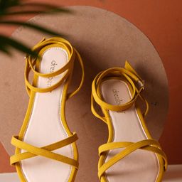 DressBerry Mustard Yellow Strappy Open Toe Flats-picture-50