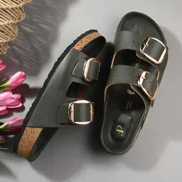 El Paso Textured Buckles Detail Open Toe Flats-26
