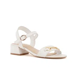 Peach Flores Buckle Embellished Leather Block Heels-picture-54