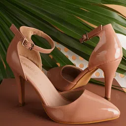 Rubeezz Peach-Coloured Party Stiletto Pumps with Buckles-7