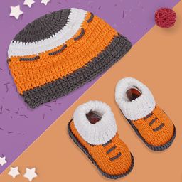 Baby Moo Kids Orange & Brown Knitted Pure Cotton Cap & Booties Gift Set-image-5