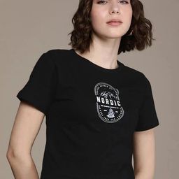 roadster Women Printed Round Neck Cotton Blend Black T-Shirt-picture-26