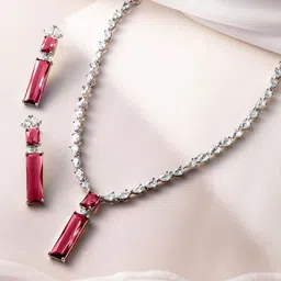 Rubans Rhodium-Plated Ruby Red and White Cubic Zirconia Studded Statement Necklace Set image 5
