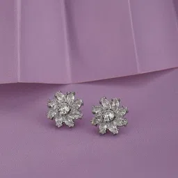 Carlton London Premium Rhodium-Plated CZ-Studded Floral Studs Earrings-image-47