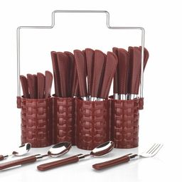 Brown Cutlery Set-Spoon Set-Spoon Stand - 25-Pieces Steel & Plastic Cutlery Set Plastic, Steel Cutlery Set-12