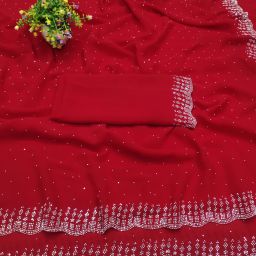 Dyed, Embellished, Ombre, Applique, Floral Print, Solid/Plain, Self Design Jamdani Georgette, Chiffon Saree-image-57