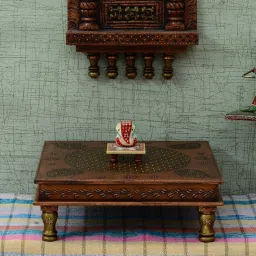 Decorative Handpainetd Copper finish 18*18 Inch Bajot Wooden Pooja Chowki-11