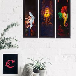 eCraftIndia Set Of 3 Yellow Radha Krishna Ganesha Buddha Satin Matt Texture UV Wall Art-17