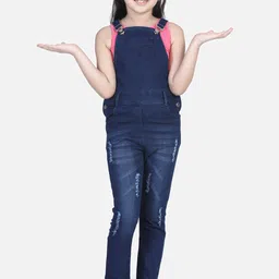 StyleStone Girls Blue Solid Distressed Cotton Denim Dungarees-57