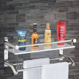 Stainless Steel Wall Mount Shelf 2 Tier Bathroom Shelf (Silver) pack - 1 16 inch 2 Bar Towel Rod-image-6