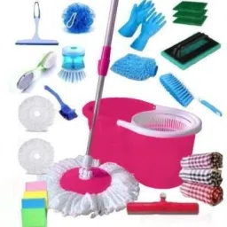 PVC Combo House hold using cleaning bucket mop set with 2 Microfibers Heads, Pedi Cleaner, Sponge, Silicon Gloves, scrub pad, Floor wiper, Kitchen Wiper, Gloves, Liquid Brush, Sink Brush, Carpet Brush, Tile brush, Loofa, Kitchen cloth Mop Set-image-25