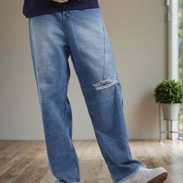 Shein Panelled Frayed Hem Knee Slit Mid Wash Jeans-image-62