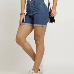Shein Turn Up Hem Mini Denim Shorts with Pockets-image-36