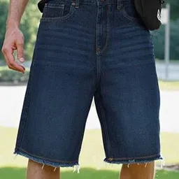 Shein Knee Length Frayed Hem Loose Fit Denim Shorts-image-2