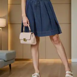 Shein High Waist Pleated Denim Mini Skirt with Buckle-image-98