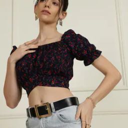Shein Cute Back-knot Floral Print Puff-sleeves Square Neck Crop Top-image-78