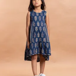 Sangria Girls Navy Blue & White Ethnic Motifs Printed Pure Cotton A-Line Dress-picture-7