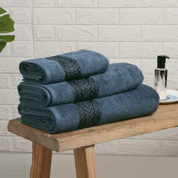 SPACES Aurum Blue 3 Pieces Geometric Self Design Pure Cotton 500 GSM Towel Set-20