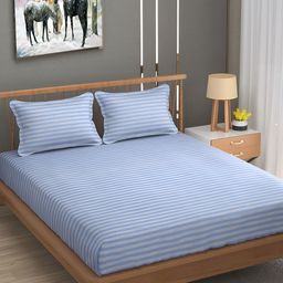RIDHAAN Blue & Grey Striped 210 TC King Bedsheet with 2 Pillow Covers-image-29