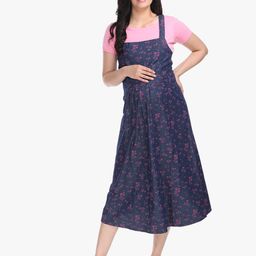 MeeMee Navy Blue Floral Denim Maternity A-Line Midi Dress-40
