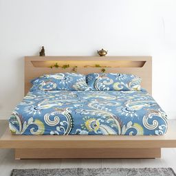 Aurave Blue Ethnic Motifs Microfiber Fitted 210 TC King Bedsheet with 2 Pillow Covers-image-27
