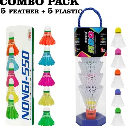 Badminton Shuttle (NEO & 550) Combo Pack Of 10 For Badminton Sports Feather & Plastic Shuttle - White, Multicolor-14