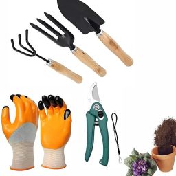 3PCS Wooden Handle Cultivator Free Rubber Hand Gloves Garden Tool Kit-28