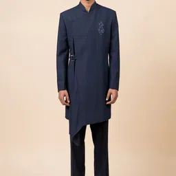 Tasva Men Navy Blue Solid Sherwani Set-picture-31