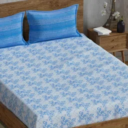 Huesland Blue & White Printed 144 TC Cotton King Bedsheet with 2 Pillow Covers-image-94