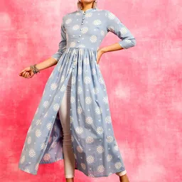 Anouk Blue Ethnic Motifs Mandarin Collar A-Line Pleated Cotton Kurta-picture-48