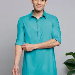 Anouk Turquoise Blue Shirt Collar Roll-Up Sleeves Straight Kurta-50