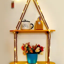 VAH Kya Bat Hai !! Yellow & Brown Wooden 2 Layers Wall Hanging Shelves With LED Light-32