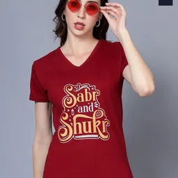 Fleximaa Women Typography 2 Printed V-Neck Pure Cotton Applique T-shirt-image-88