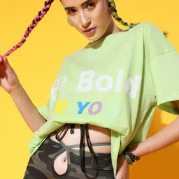 STREET 9 Women Green Printed Cotton Drop-Shoulder Sleeves Bio Finish T-shirt-image-92