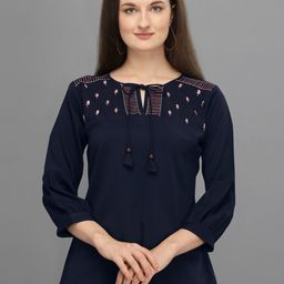 Prettify Blue Geometric Print Tie-Up Neck Top-image-13