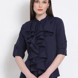 DRAAX Fashions Band Collar Ruffles Detail Shirt Style Top-image-38