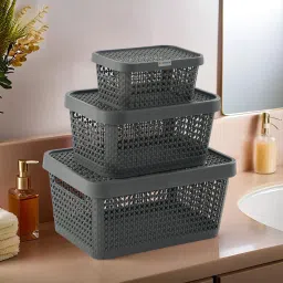 Plastic Set of 3 Stackable Plastic Basket for Storage with Lid | Grey Storage Basket-image-0