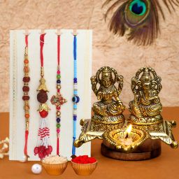 Bhaiya Bhabhi Rakhi Combo Set 1 Laxmi Ganesh, Chawal Roli Pack, 1 Designer Lumba, 3 Rakhi Assorted, Gold, Gold Finish, Jute, Kundan, Mauli Thread, Pearl, Zardosi Rakhi, Showpiece, Diya, Chawal Roli Pack Set-image-6